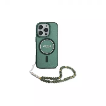 Guess IML Glitter With Pearl Strap MagSafe maska za iPhone 16 Pro Max (zelena)