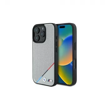 BMW M Perforated Tricolor Line tvrda futrola za Apple iPhone 16 Pro 6,3 inch siva MagSafe