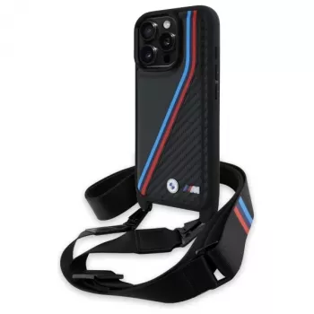 BMW M Edition Carbon Tricolor Lines & Strap tvrda futrola za iPhone 16 Pro 6.3 crna