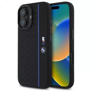BMW BMHMP16S23SHEB iPhone 16 6,1 inch crna silikonska tvrda futrola Hexagon Blue Line MagSafe