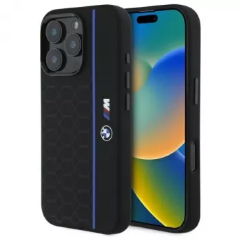 BMW BMHMP16X23SHEB tvrda futrola silikon Hexagon Blue Line MagSafe za iPhone 16 Pro Max 6,9 inch crna