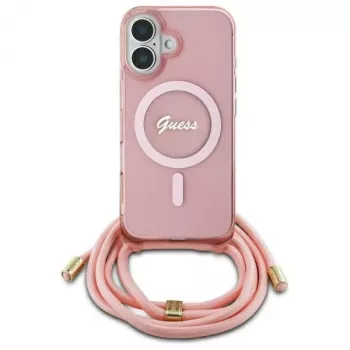 Guess GUHMP16SHCTSGNSP iPhone 16 6,1 inch ružičasta tvrda futrola Crossbody Cord Script MagSafe