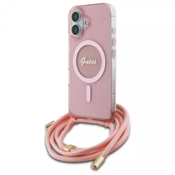 Guess GUHMP16SHCTSGNSP iPhone 16 6,1 inch ružičasta tvrda futrola Crossbody Cord Script MagSafe