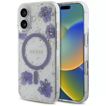 Guess Resin Flowers Glitter MagSafe futrola za iPhone 16 ljubičasta