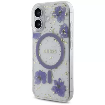 Guess Resin Flowers Glitter MagSafe futrola za iPhone 16 ljubičasta