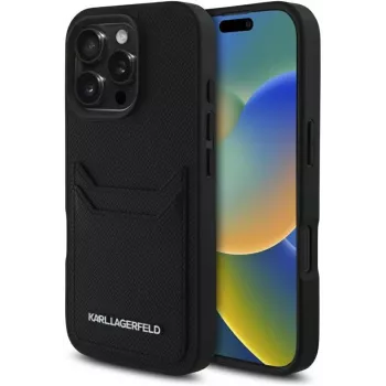 KARL LAGERFELD HC Grained PU Card Slot Metal Elongated futrola za iPhone 16 Pro, crna