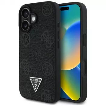 Guess Grained Hot Stamp Peony Triangle Logo MagSafe futrola za iPhone 16 (crna)