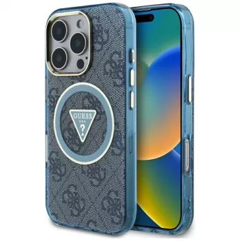 Guess IML Metal Glitter 4G Circle Triangle MagSafe futrola za iPhone 16 Pro (plava)