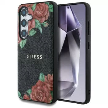 Guess Leather 4G Flowers Print Metal Classic Logo MagSafe futrola za Samsung Galaxy S25, crna