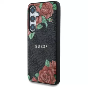 Guess Leather 4G Flowers Print Metal Classic Logo MagSafe futrola za Samsung Galaxy S25, crna