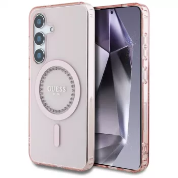 Guess Rhinestones Printed Classic Logo MagSafe futrola za Samsung Galaxy S25 (roza)