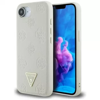 Guess Grained Hot Stamp Peony Triangle Logo MagSafe futrola za iPhone 16e (bež)