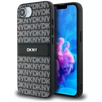 DKNY futrola za telefon s uzorkom ponavljajuće teksture i tonskom prugom za iPhone 16e / 17e, crna