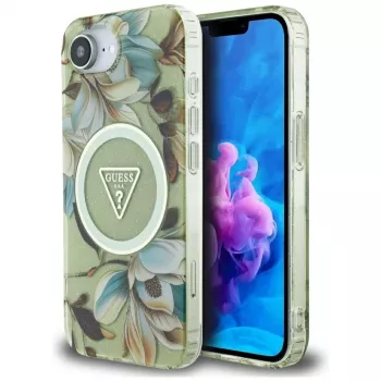 Guess IML Metal Glitter Flowers Triangle MagSafe stražnja futrola za Apple iPhone 16e, zelena