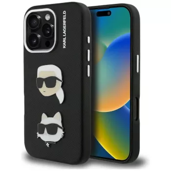 KARL LAGERFELD FW Grained Karl & Choupette Heads Pins futrola za iPhone 16 Pro, crna