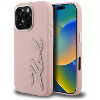 KARL LAGERFELD FW Grained Signature Logo tvrda futrola za iPhone 16 Pro, roza