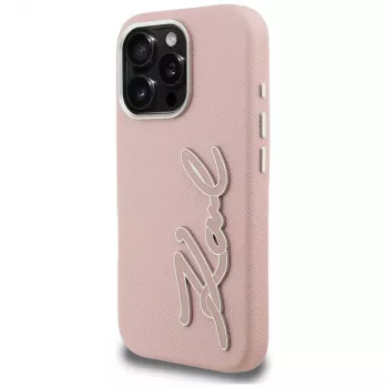 KARL LAGERFELD FW Grained Signature Logo tvrda futrola za iPhone 16 Pro, roza