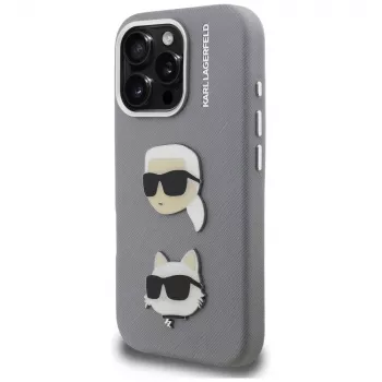 Karl Lagerfeld FW Grained Karl & Choupette Heads Pins futrola za iPhone 16 Pro, siva
