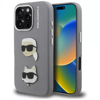 KARL LAGERFELD FW Grained Karl & Choupette Heads Pins futrola za iPhone 16 Pro Max, siva