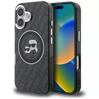 Karl Lagerfeld IML Glitter Karl & Choupette Heads Logo MagSafe futrola za iPhone 16, crna