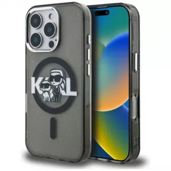 Karl Lagerfeld IML Glitter Karl & Choupette Sketch Logo MagSafe futrola za iPhone 16 Pro Max, crna