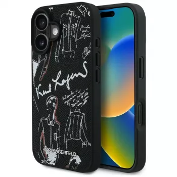KARL LAGERFELD Grained Pattern & Logo MagSafe futrola za iPhone 16, crna