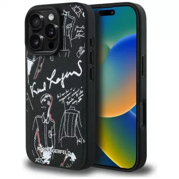 KARL LAGERFELD Grained Pattern & Logo MagSafe futrola za iPhone 16 Pro, crna