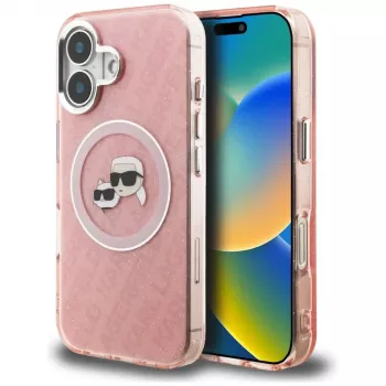 KARL LAGERFELD IML Glitter Karl & Choupette Heads Logo MagSafe futrola za Apple iPhone 16, ružičasta