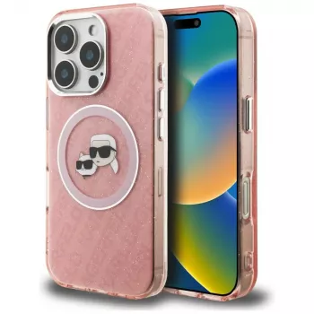 Karl Lagerfeld IML Glitter Karl & Choupette Heads Logo MagSafe futrola za iPhone 16 Pro, ružičasta