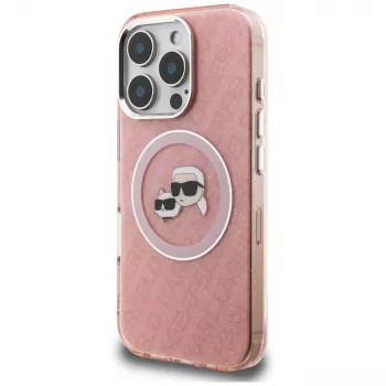 Karl Lagerfeld IML Glitter Karl & Choupette Heads Logo MagSafe futrola za iPhone 16 Pro, ružičasta