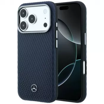 Mercedes Leather Semi Wrap Wood Effect MagSafe maska za iPhone 17 Pro Max Navy Blue