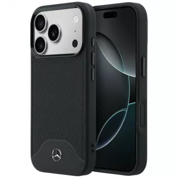 Mercedes-Benz kožna MagSafe maska s drvenim uzorkom i zakrivljenim linijama za iPhone 17 Pro, crna