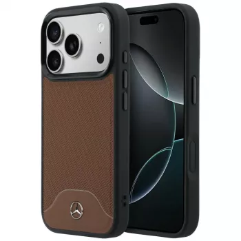 Mercedes kožna MagSafe maska s drvenim uzorkom i zakrivljenim linijama za iPhone 17 Pro Camel