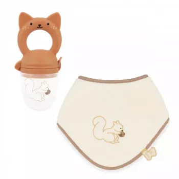 Kaloo poklon set za bebe prsten za zube s voćem + bib Grignoti vjeverica