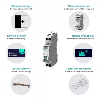 Siemens 5SV13166KK16 RCBO 2-polni 16 A 30 mA, B-karakteristika, tip A, 6 kA