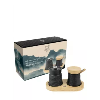Peugeot Bali Fonte set mlina za sol i papar s drvenim pladnjem, 8 cm, crni
