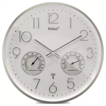 MEBUS 12989 Radio Wall Clock with Thermo-Hygrometer, Silver Frame, White Dial, DCF77