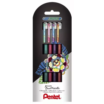 Pentel Dual Metallic set gel olovaka - 4 boje (zelena, narančasta, ružičasta, ljubičasta) - 0,5 mm fini vrh - plastično kućište - blister pakiranje