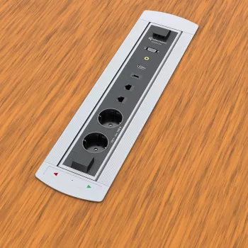 Kindermann CablePort Turn stolna ugradbena utičnica s 2 Schuko utičnice, 2 RJ45 CAT6, 2 HDMI, 1 USB-A 3.0, 360° rotacija, srebrno-crna