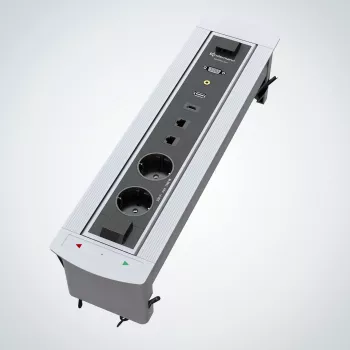 Kindermann CablePort Turn stolna ugradbena utičnica s 2 Schuko utičnice, 2 RJ45 CAT6, 2 HDMI, 1 USB-A 3.0, 360° rotacija, srebrno-crna