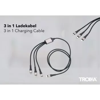 TROIKA DREIZACK PRO kabel za brzo punjenje - 3-u-1 višenamjenski kabel za punjenje s petljom za privjesak - sivi