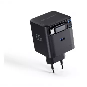 RealPower GaN punjač 65W crni s 2x USB-C PD, kompaktan i snažan
