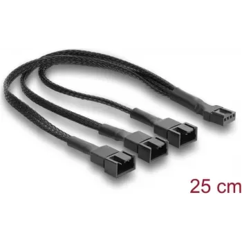 Delock razdjelnik kabela za ventilator 1 x 4-Pin PWM ženski na muški + 2 x 4-Pin (3 pina spojena) muški s pletenim omotačem 25 cm crni
