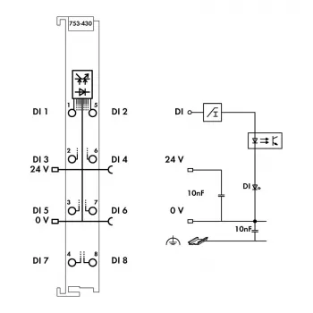 WAGO 753-430 - 8-kanalni digitalni ulazni modul, 24 VDC, izolacija 5 kV, CAGE CLAMP, DIN tračnica