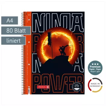 BRUNNEN College blok Ninja Power Lineatur 27 linirani DIN A4 unutarnja margina, 80 listova, spiralno uvezan, 4 rupe, perforiran, 70 g/m², bijeli