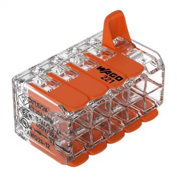 WAGO 221-420 kompaktni spojnik s polugama, 10 vodiča, 0,2-4 mm², prozirno kućište, narančasta poluga, pakiranje od 10