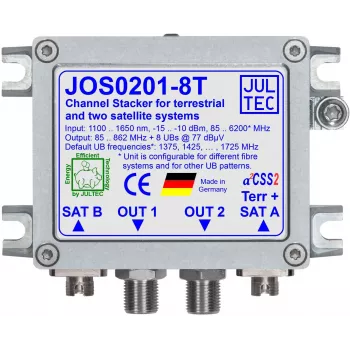JULTEC JOS0201-8T Unicable II / JESS jednokabelski konverter s 2x optički satelitski i 1x optički zemaljski ulaz, 8x F-tip izlaz, FC/PC priključci