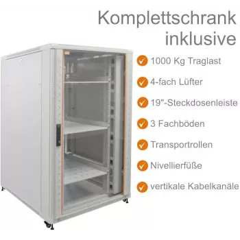 IT-BUDGET 19 inch mrežni ormar SRK - kompletan set - 27U - 800x800 mm - prozirna/limena vrata - 4 aktivna ventilatora - PDU - ladice - rastavljeno - svijetlosivi (90ITB19SRK2788GG)