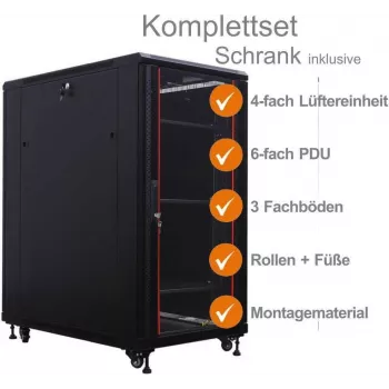 IT-BUDGET 19 inch mrežni ormar SRK - kompletan set - 27 HE - ŠxD 800x800 mm - staklena/čelična vrata - 4 aktivna ventilatora - PDU - ladice - predmontiran - crni (99ITB19SRK2788GSM)