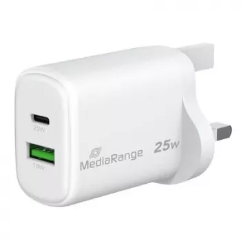 MediaRange 25W GaN brzi punjač UK utikač, 1x USB-C i 1x USB-A, PD i QC, bijeli (MRMA112-UK)